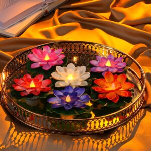 Water Sensor Floating Smokeless Diyas with Lotus Flowers – LED Tea Light Candles (Pack of 6, Unbreakable, Indoor/Outdoor Festival Decor)